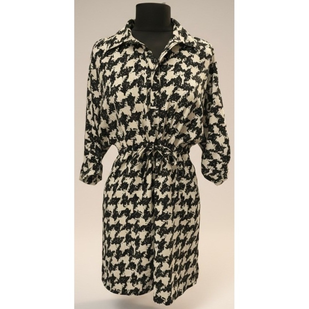 Dora Landa Women's XS Black White Printed Shirt Dress Tie Waist Collared